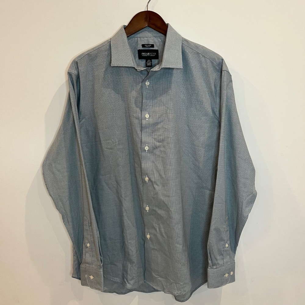 Awearness Kenneth Cole Mens Slim Fit Dress Shirt Blue Micro Check 17 34/35